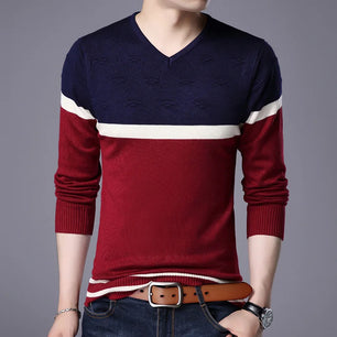 Men's V-Neck Polyester Long Sleeves Striped Pullover Sweater