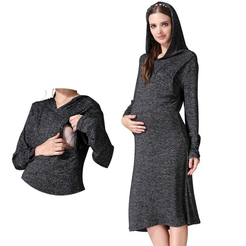 Women's Spandex Long Sleeves Breastfeeding Hooded Maternity Dress