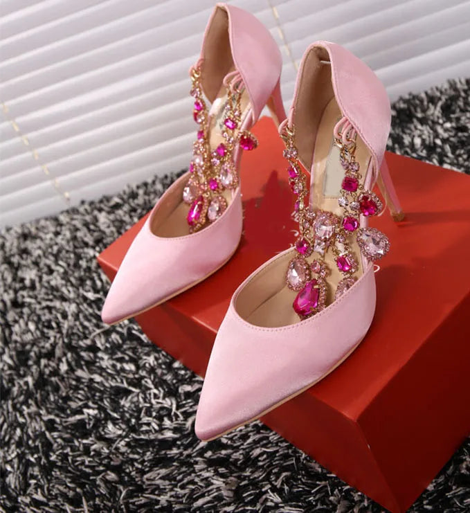 Women's Satin Pointed Toe Slip-On Closure High Heel Wedding Shoes