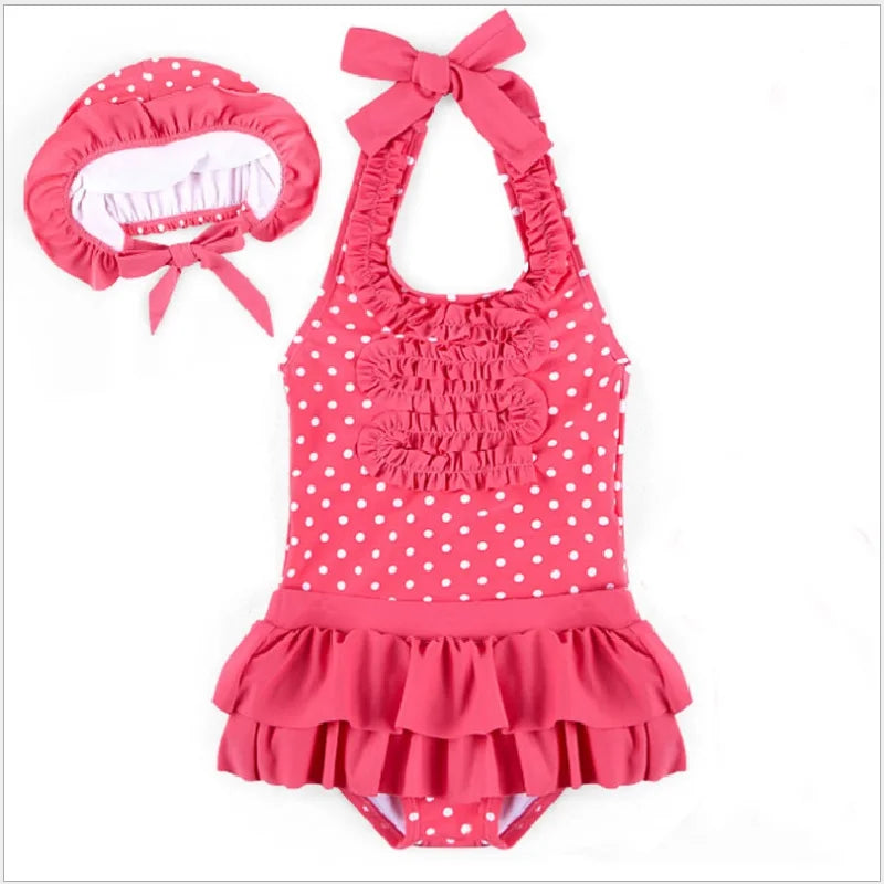 Kid's Polyester O-Neck Dotted Pattern Trendy Bathing Swimwear Set