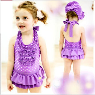 Kid's Polyester O-Neck Dotted Pattern Trendy Bathing Swimwear Set