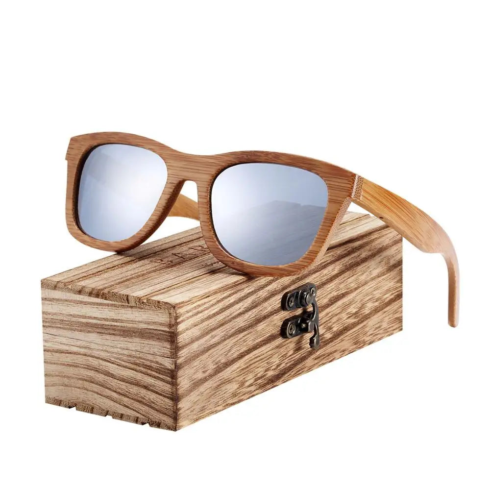 Women's Bamboo Frame Polaroid Lens Square Shaped Sunglasses