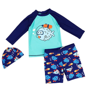 Kid's Boy Polyester Full Sleeve O-Neck Printed Swimwear With Cap