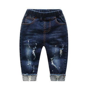 Kid's Cotton Mid Elastic Waist Closure Casual Wear Denim Pants