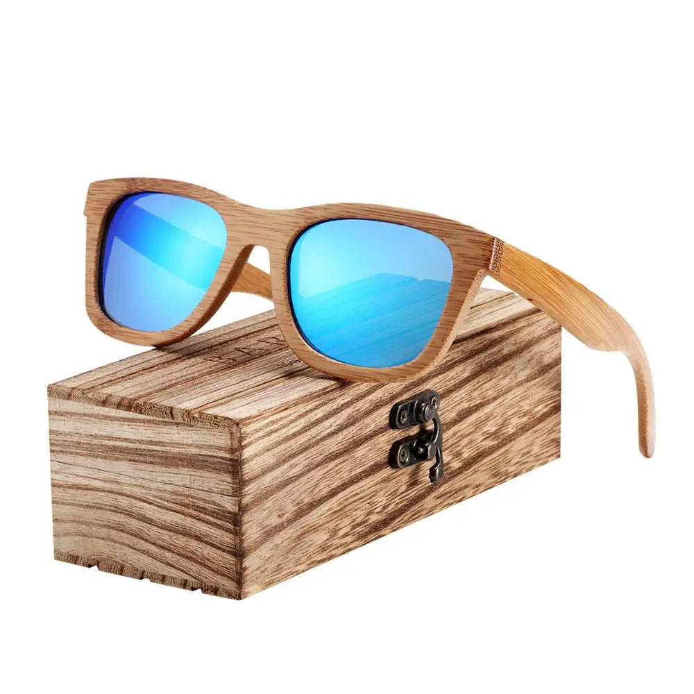 Women's Bamboo Frame Polaroid Lens Square Shaped Sunglasses