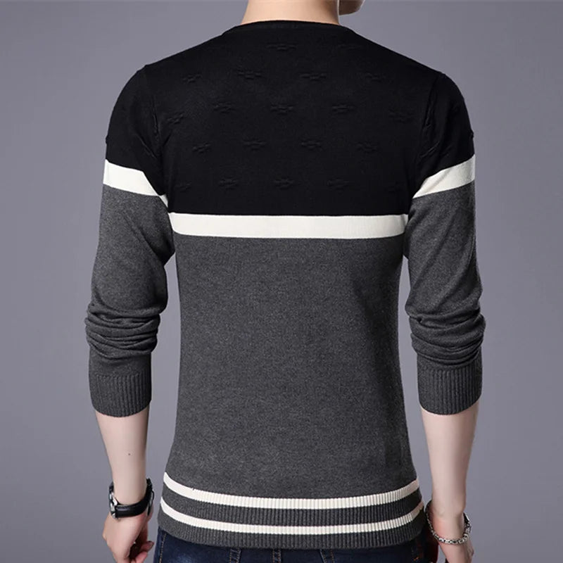 Men's V-Neck Polyester Long Sleeves Striped Pullover Sweater