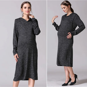 Women's Spandex Long Sleeves Breastfeeding Hooded Maternity Dress