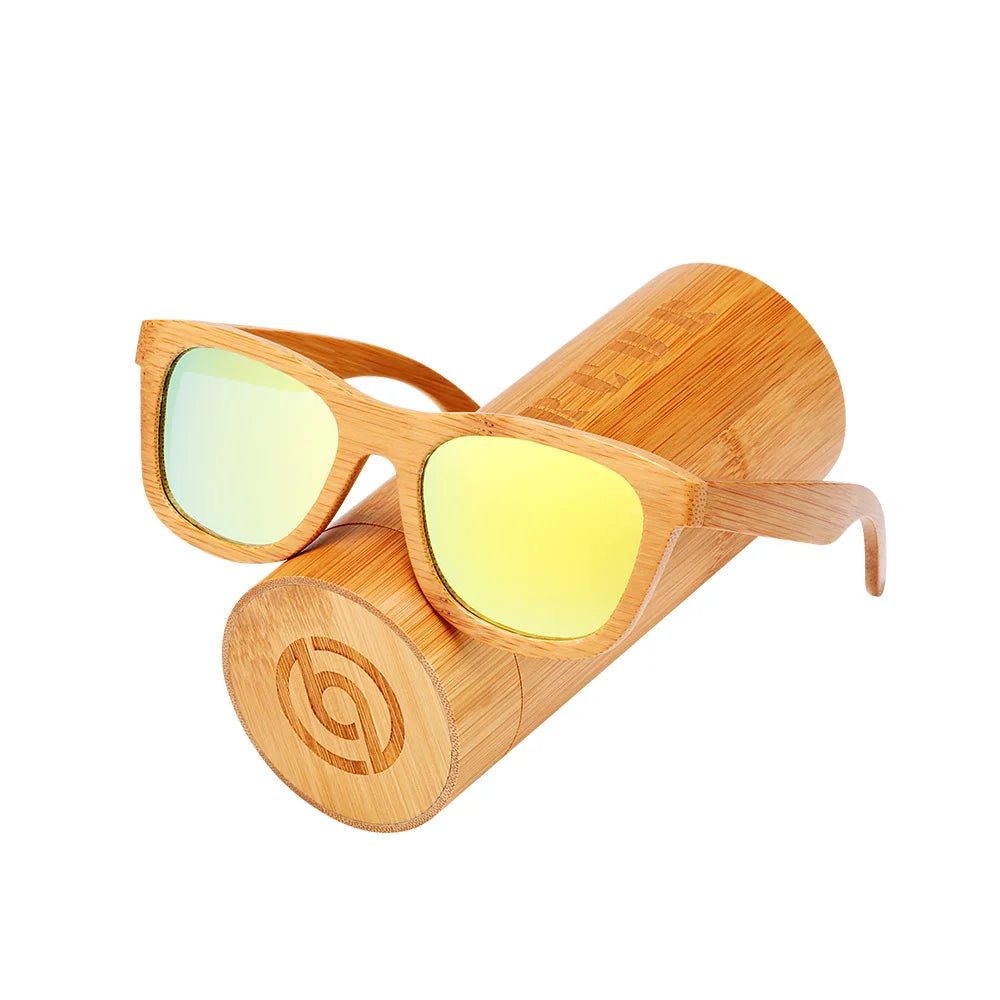 Women's Bamboo Frame Polaroid Lens Square Shaped Sunglasses