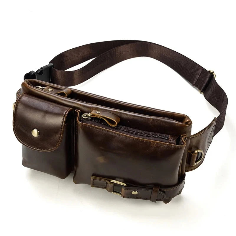 Men's Genuine Leather Solid Pattern Zipper Closure Waist Pack