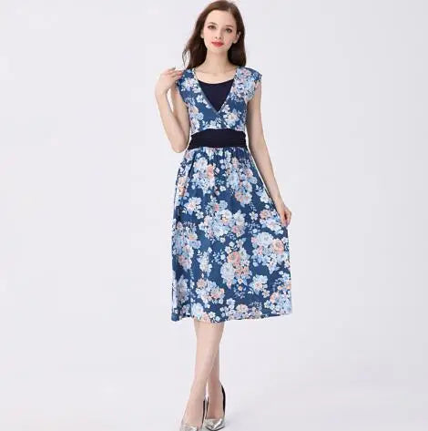 Women's V-Neck Spandex Sleeveless Floral Long Maternity Dress