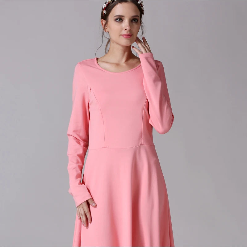 Women's Spandex O-Neck Long Sleeve Solid Pattern Maternity Dress