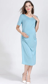 Women's Spandex V-Neck Short Sleeve Solid Pattern Maternity Dress