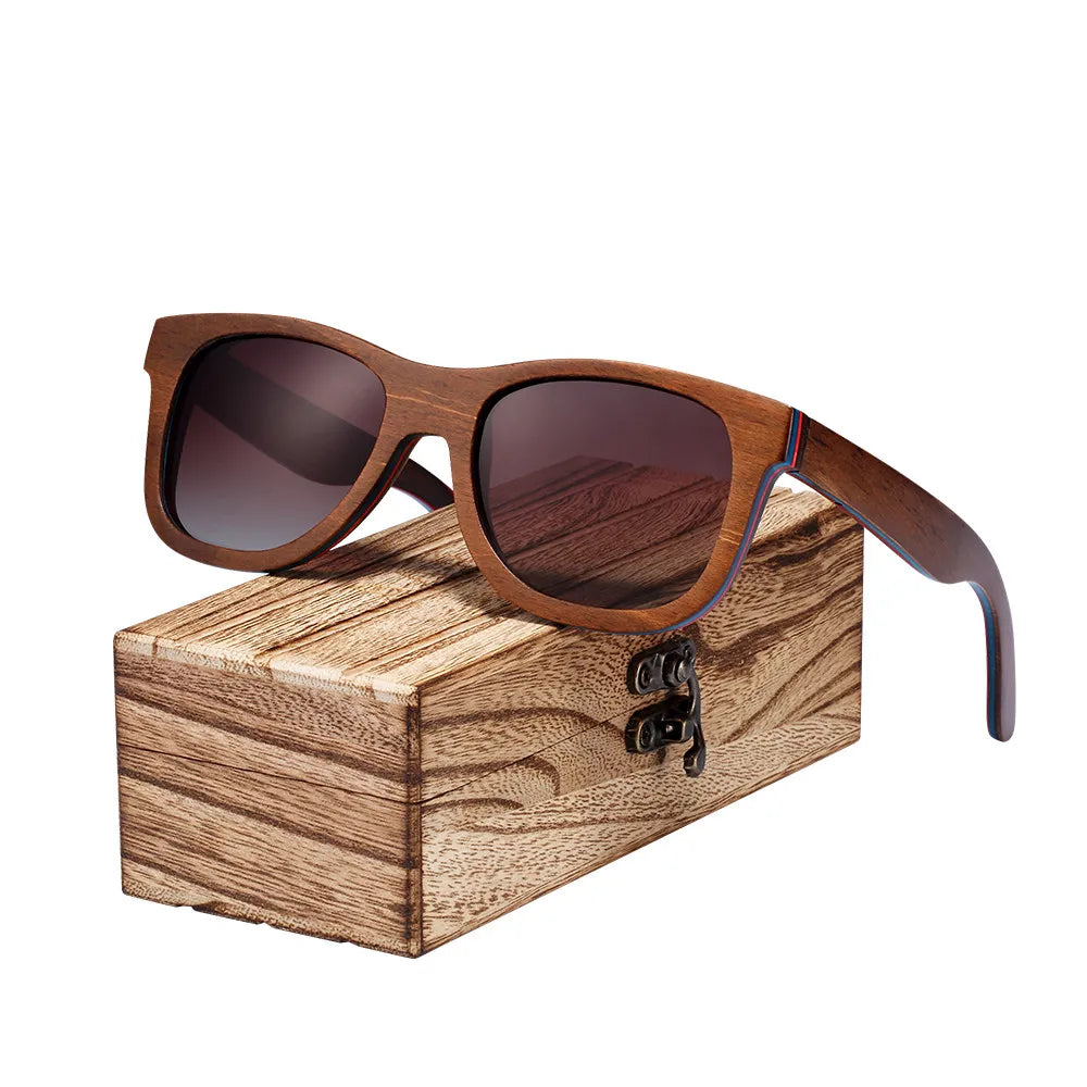 Women's Wooden Frame Polaroid Lens Square Shaped Sunglasses