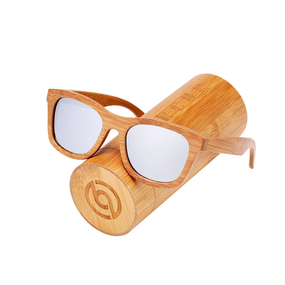 Women's Bamboo Frame Polaroid Lens Square Shaped Sunglasses