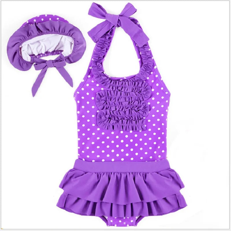 Kid's Polyester O-Neck Dotted Pattern Trendy Bathing Swimwear Set