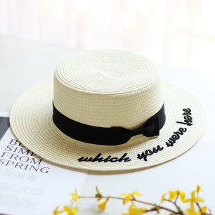 Women's Straw Letter Pattern Casual Embroidery Ribbon Sun Hats