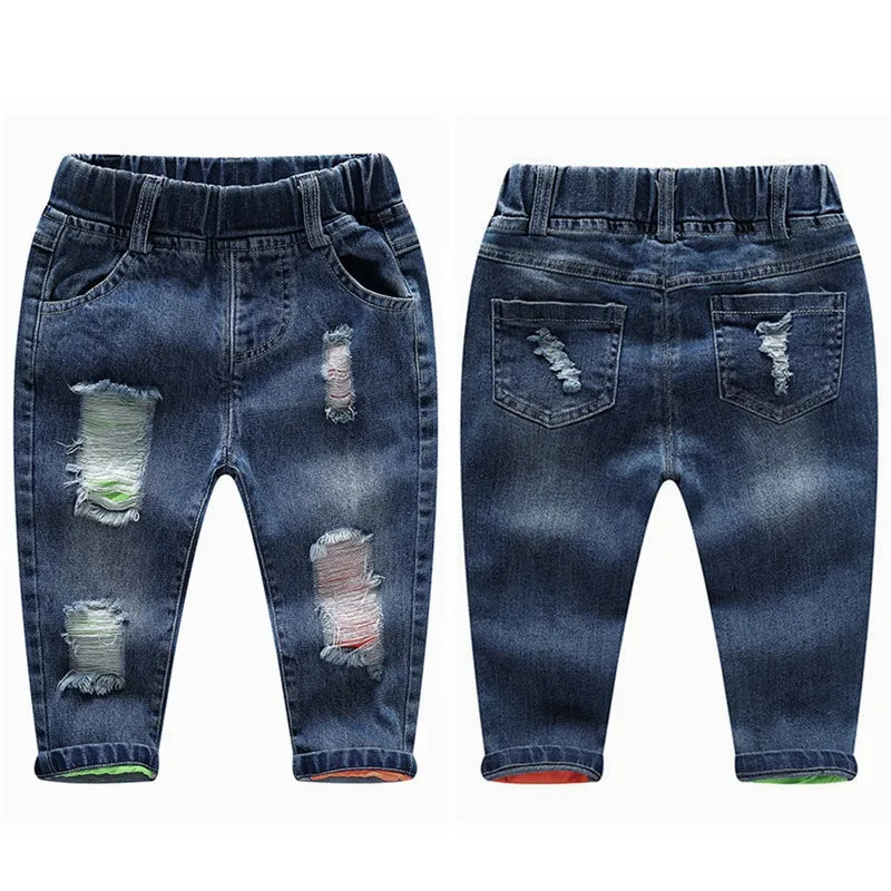 Kid's Cotton Mid Elastic Waist Closure Ripped Casual Wear Pants