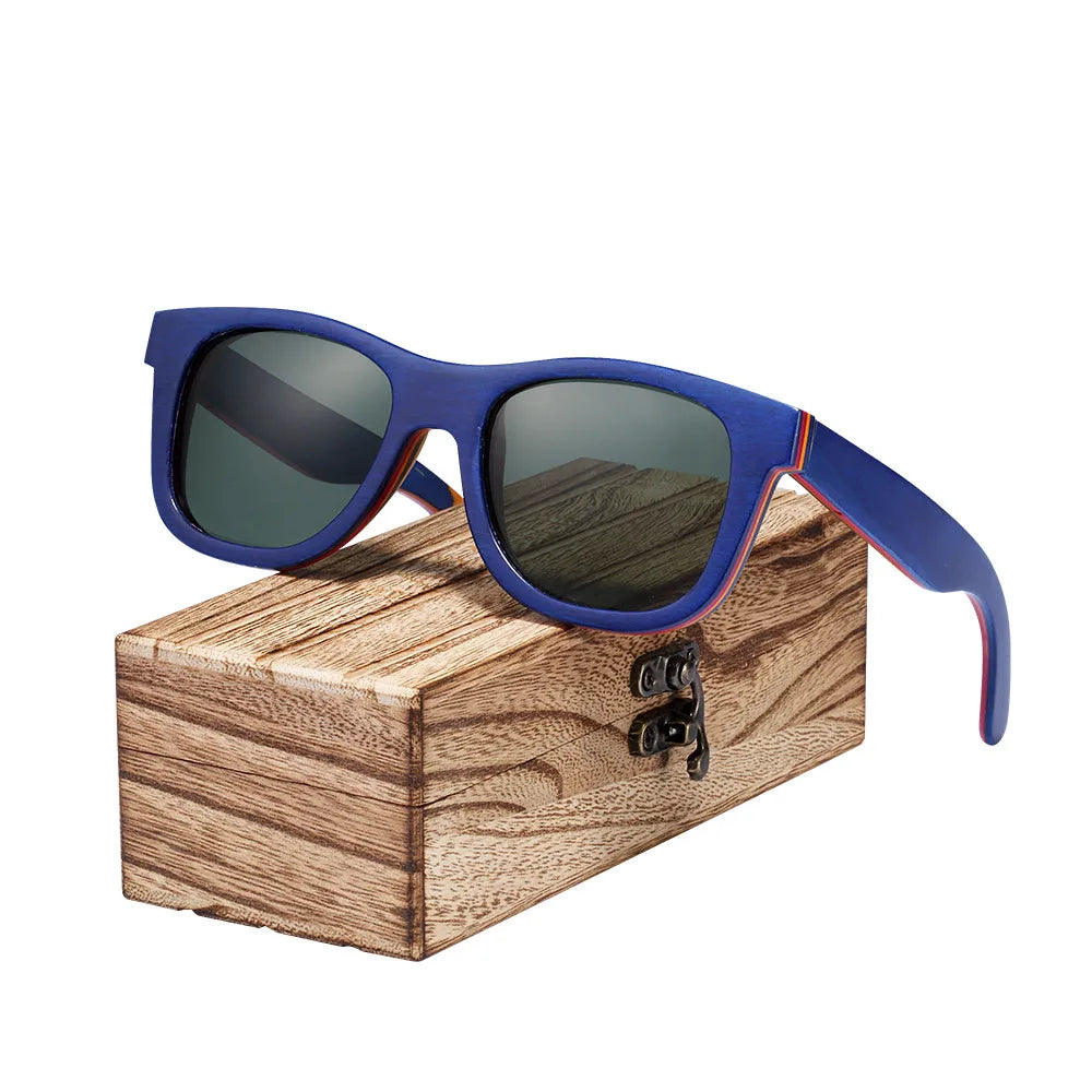 Women's Wooden Frame Polaroid Lens Square Shaped Sunglasses