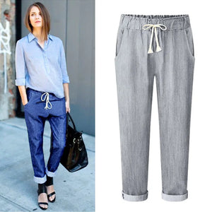 Women's Polyester Mid Waist Drawstring Closure Casual Pants