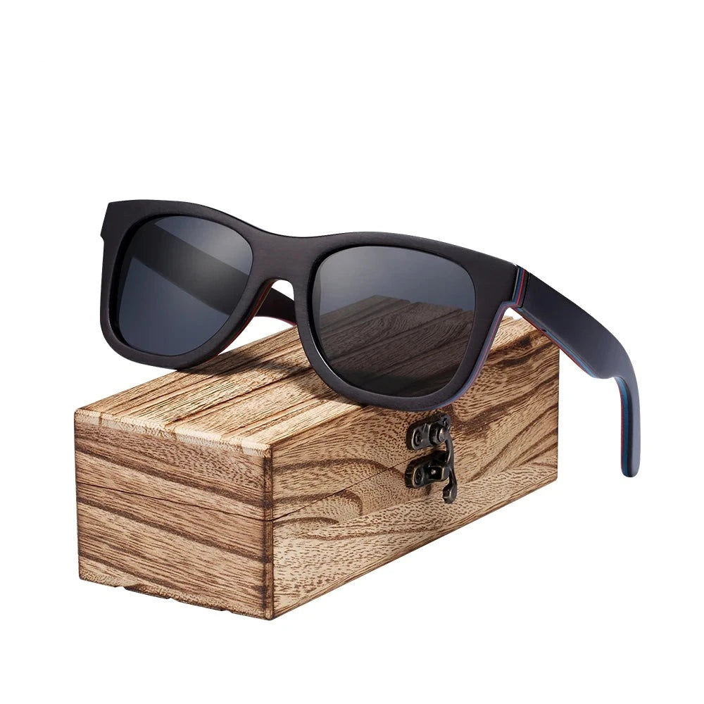 Women's Wooden Frame Polaroid Lens Square Shaped Sunglasses