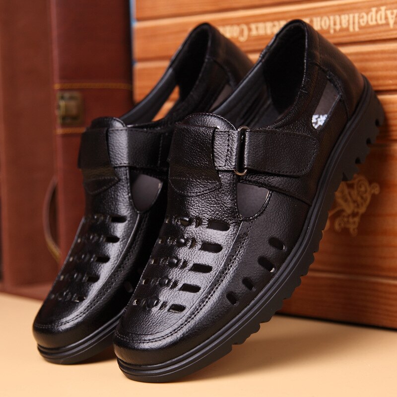 Men's Genuine Leather Round Toe Hook Loop Closure Casual Shoes