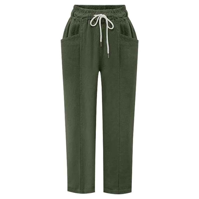 Women's Polyester Mid Waist Drawstring Closure Casual Trousers