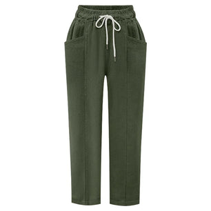 Women's Polyester Mid Waist Drawstring Closure Casual Trousers