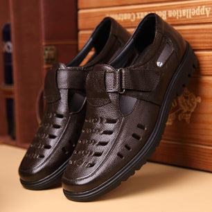 Men's Genuine Leather Round Toe Hook Loop Closure Casual Shoes