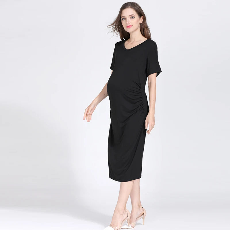 Women's Spandex V-Neck Short Sleeve Solid Pattern Maternity Dress