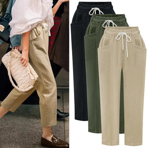Women's Polyester Mid Waist Drawstring Closure Casual Trousers
