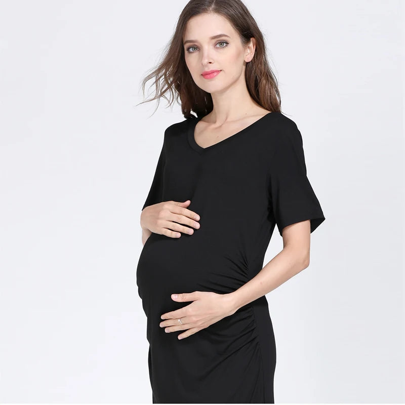 Women's Spandex V-Neck Short Sleeve Solid Pattern Maternity Dress