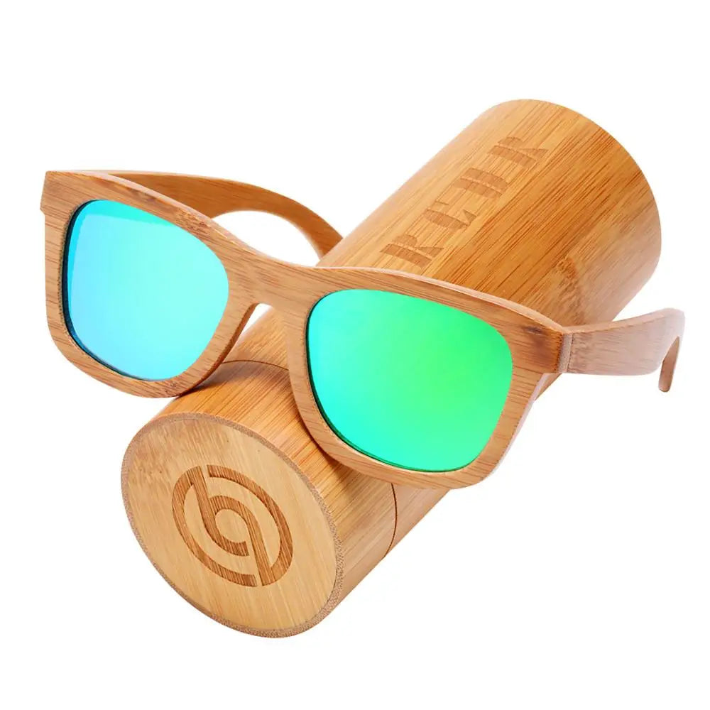 Women's Bamboo Frame Polaroid Lens Square Shaped Sunglasses