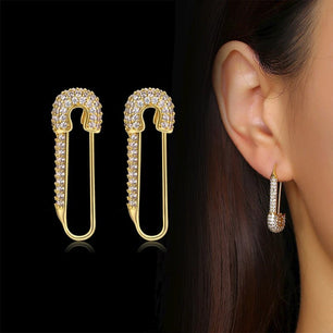 Women's Copper Cubic Zirconia Trendy Safety Pin Shape Earrings