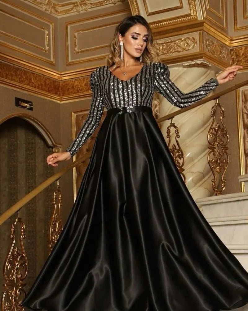 Women's Polyester V-Neck Long Sleeve Sequined Pattern Party Dress