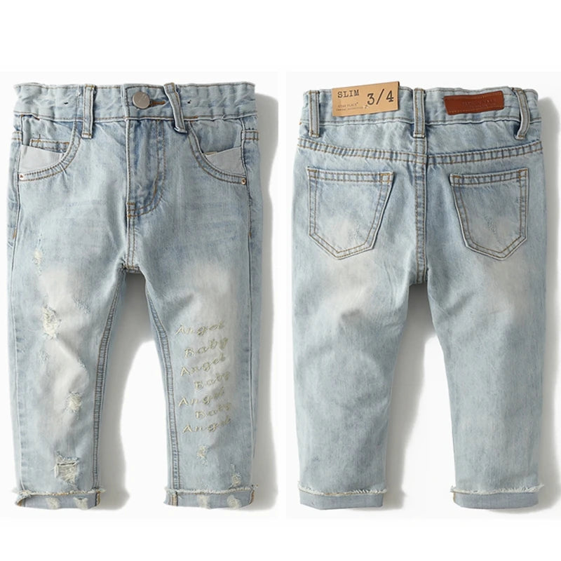 Kid's Cotton Elastic Waist Closure Ripped Pattern Casual Jeans