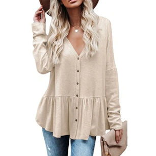 Women's Polyester V-Neck Long Sleeve Solid Pattern Casual Tops