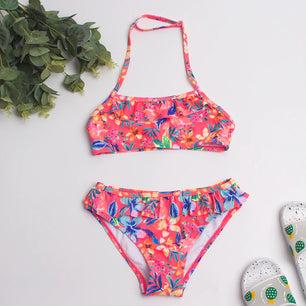 Kid's Girl Nylon Square-Neck Floral Pattern Swimwear Bikini Set