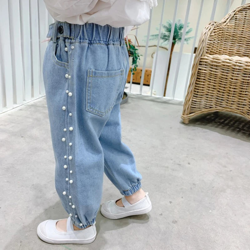 Kid's Cotton Mid Elastic Waist Closure Casual Denim Trousers