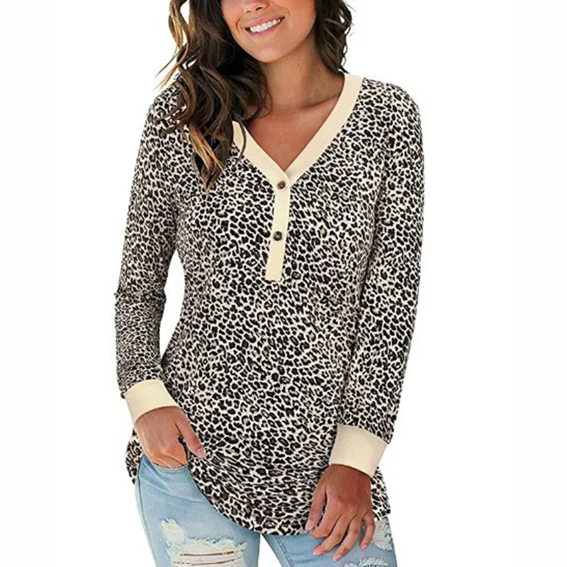 Women's Polyester V-Neck Long Sleeve Leopard Pattern Casual Tops