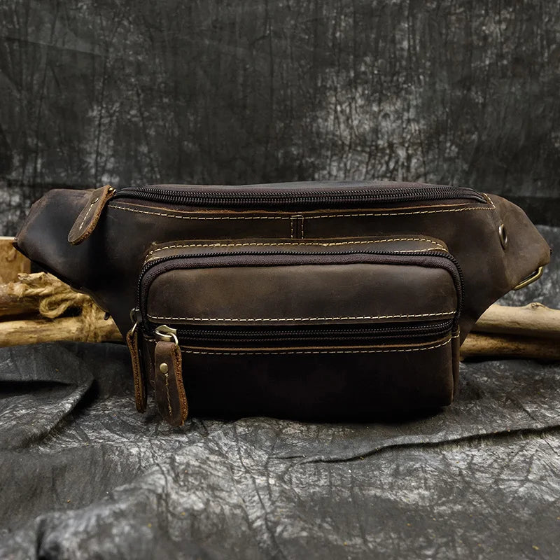 Men's Genuine Leather Solid Pattern Zipper Closure Waist Pack