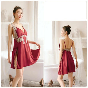 Women's Polyester V-Neck Sleeveless Patchwork Nightwear Dress