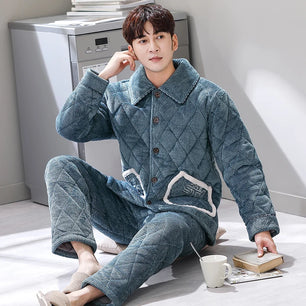 Men's Flannel Turn-Down Collar Long Sleeves Solid Pajamas Sets