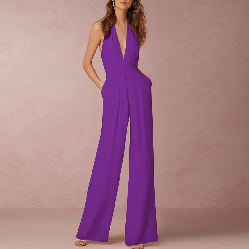 Women's Polyester Sleeveless Mid Waist Plain Elegant Jumpsuit