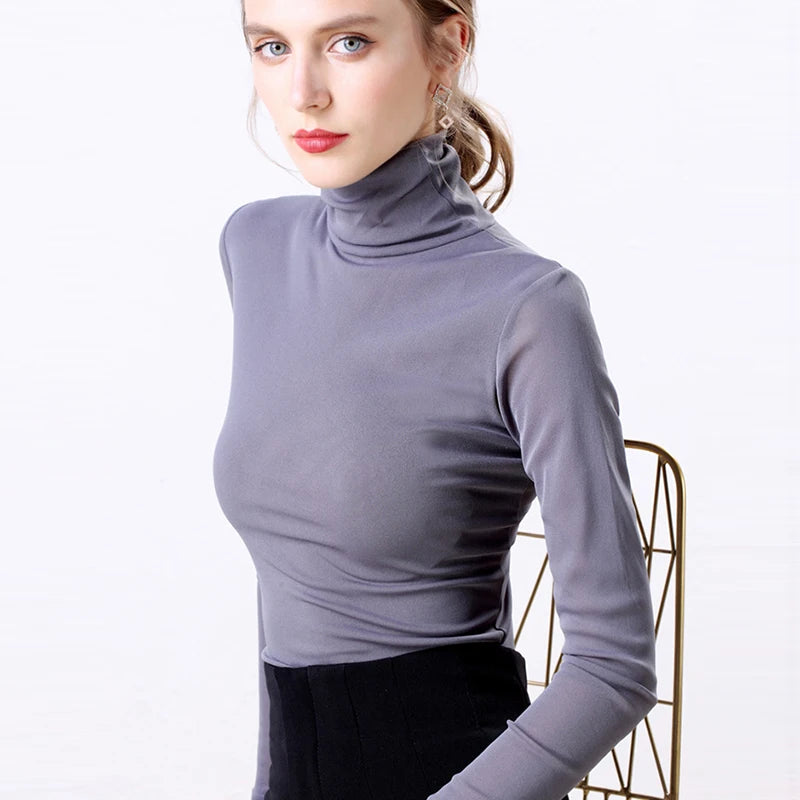 Women's Polyester Turtleneck Long Sleeve Casual Wear Blouse