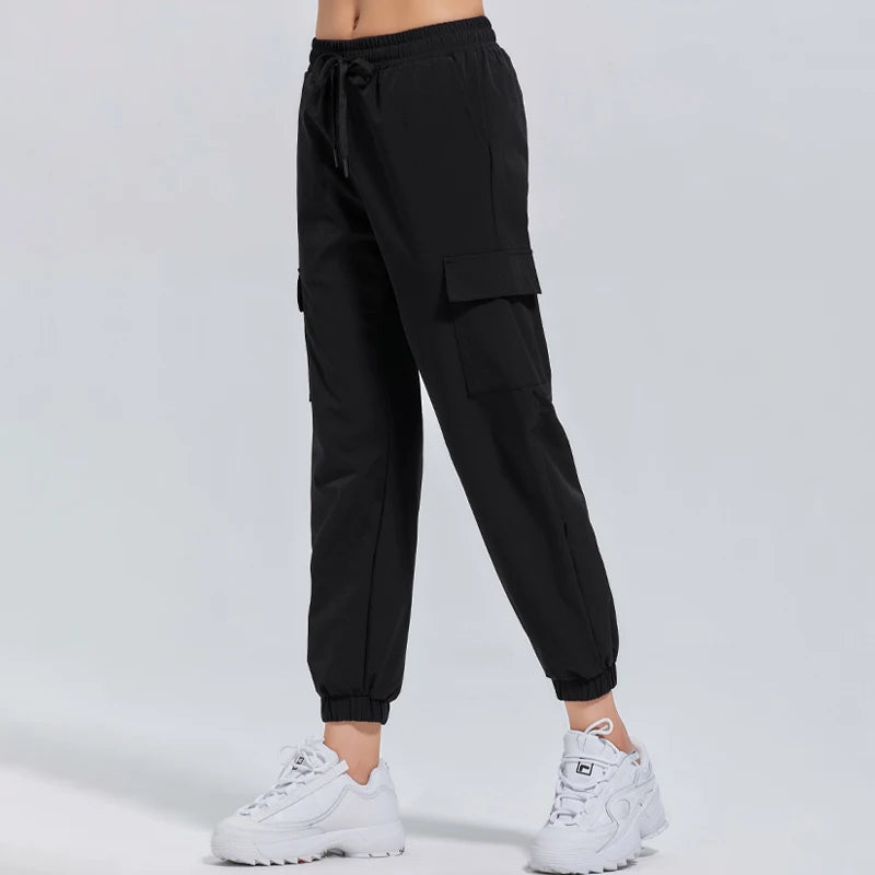 Women's Nylon High Waist Solid Pattern Fitness Sports Trousers