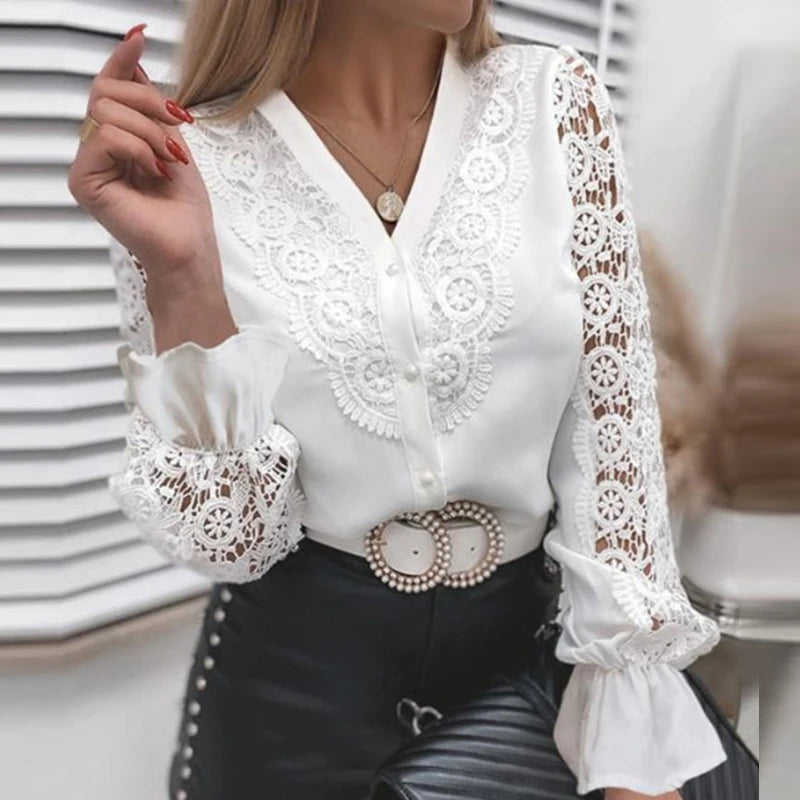 Women's Cotton V-Neck Long Sleeve Casual Wear See-Through Blouse