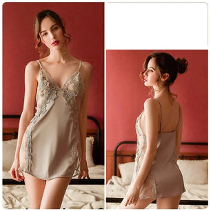 Women's Polyester V-Neck Sleeveless Patchwork Nightwear Dress