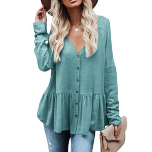 Women's Polyester V-Neck Long Sleeve Solid Pattern Casual Tops