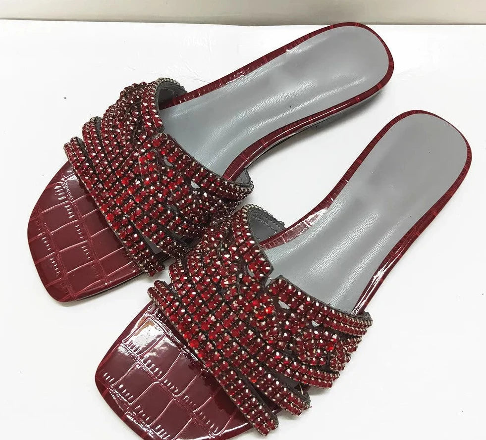 Women's Sequined Cloth Square Toe Slip-On Closure Flat Slippers