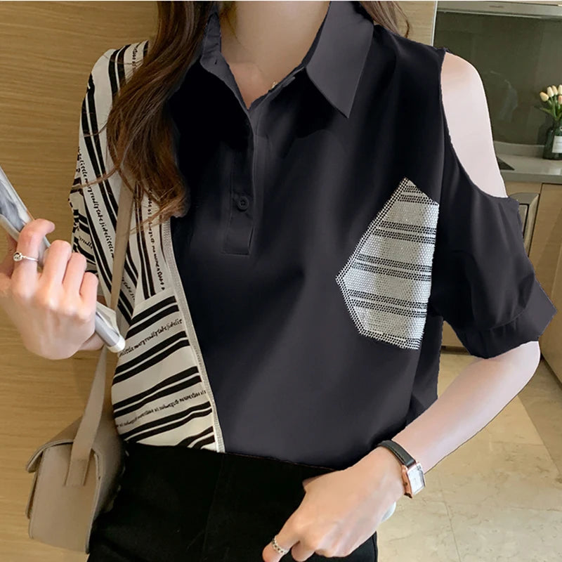 Women's Polyester Turn-Down Collar Short Sleeve Casual Wear Blouse